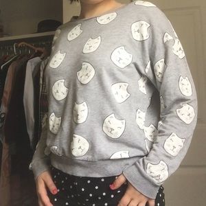 Cat print long-sleeve sweatshirt